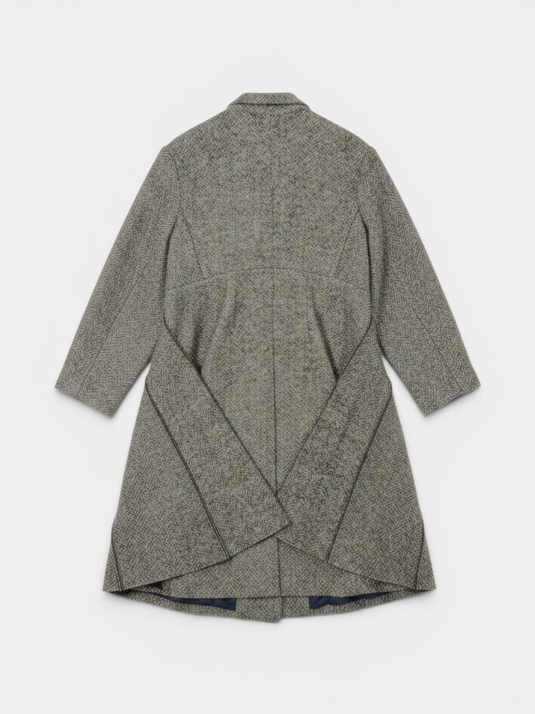 Grey Herringbone Wool-Blend Sculptural Panel Longline Coat