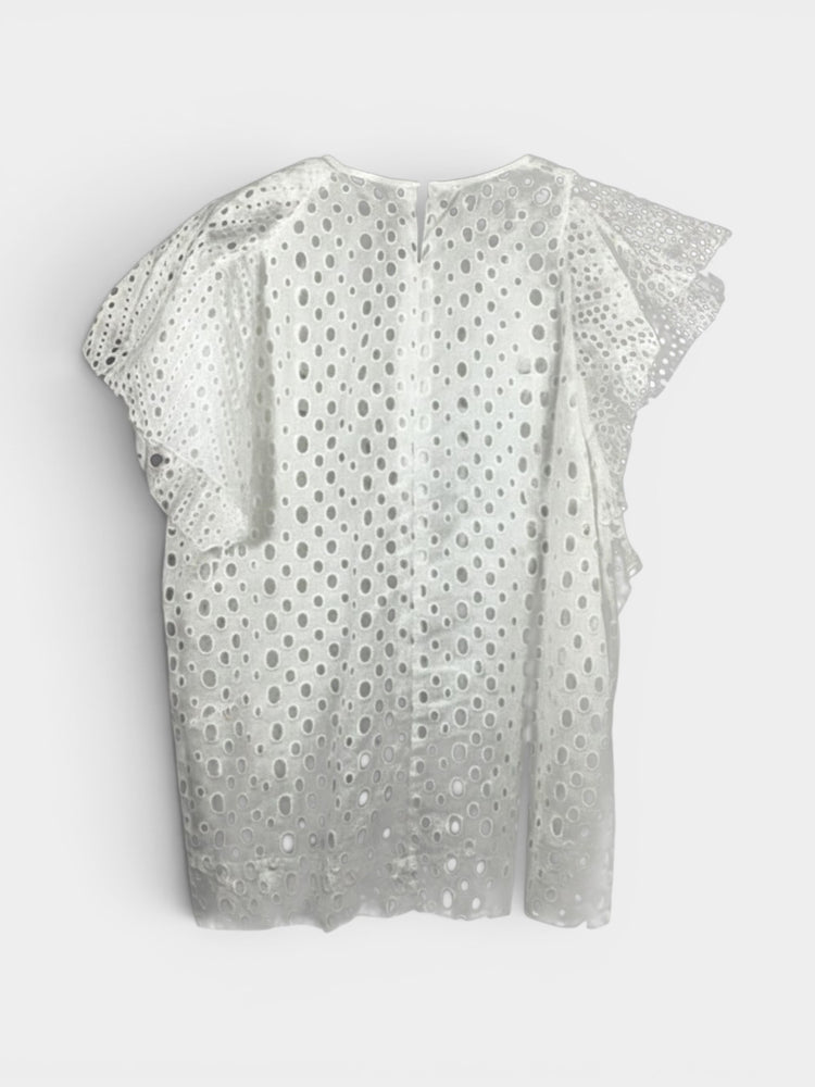 White Cotton Eyelet Flutter Sleeve Blouse