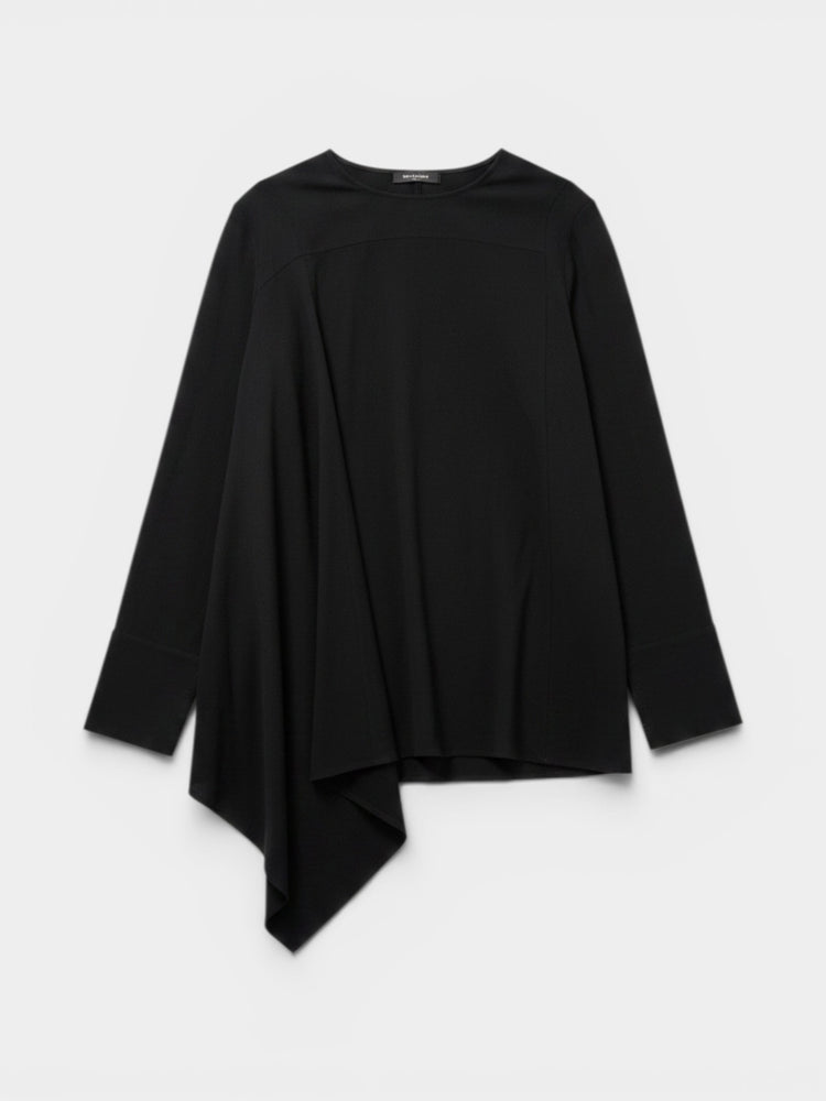 Black Long-Sleeve Asymmetric Draped Handkerchief Hem Top