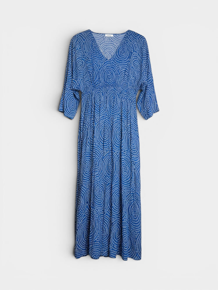 Blue Spiral Print Smocked Waist Dress with Flutter Sleeves