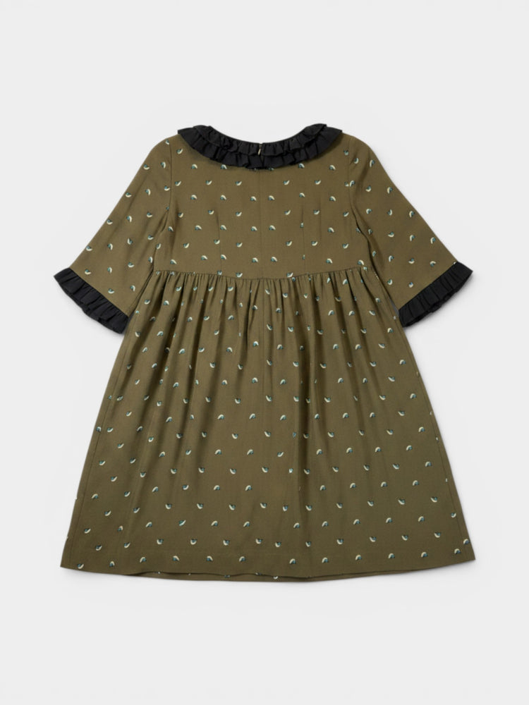 Olive Silk Bird Print Ruffle Trim A-Line Dress