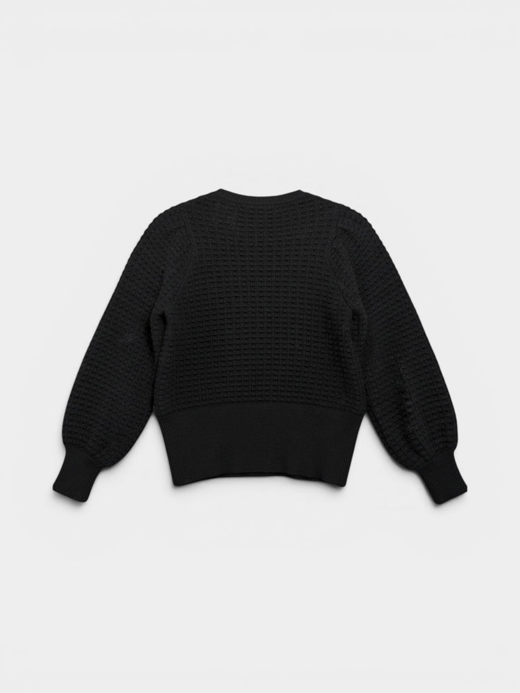 Black Waffle Knit Balloon Sleeve Cropped Crew Neck Sweater