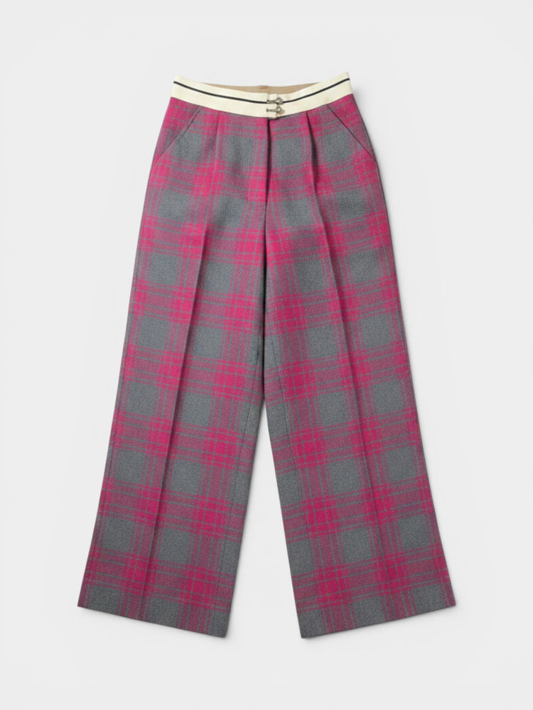 Pink Gray Plaid Wide-Leg Wool Trousers