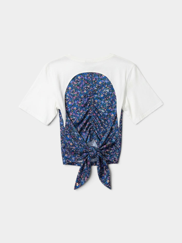 White Cotton Floral Panel Ruched Tie-Back T-Shirt