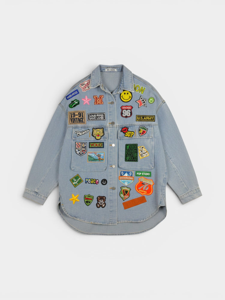Light Wash Denim Patch Oversized Shacket Jacket