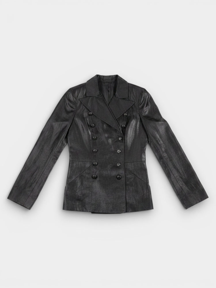 Black Coated Linen Double-Breasted Blazer