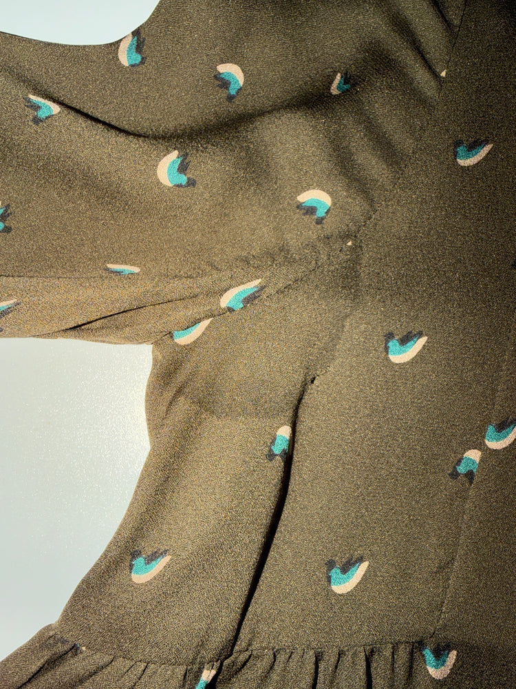 Olive Silk Bird Print Ruffle Trim A-Line Dress