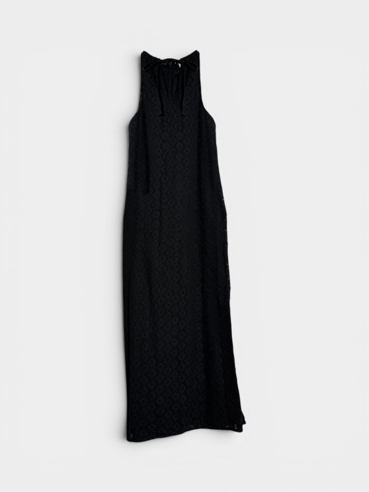 Black Lace Halter Maxi Dress with Tie Neckline