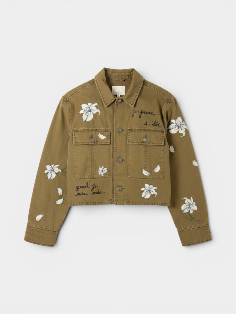 Olive Embroidered Floral Cropped Jacket