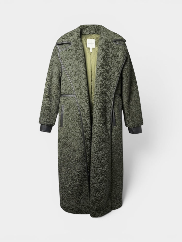 Olive Green Long Coat with Black Trim