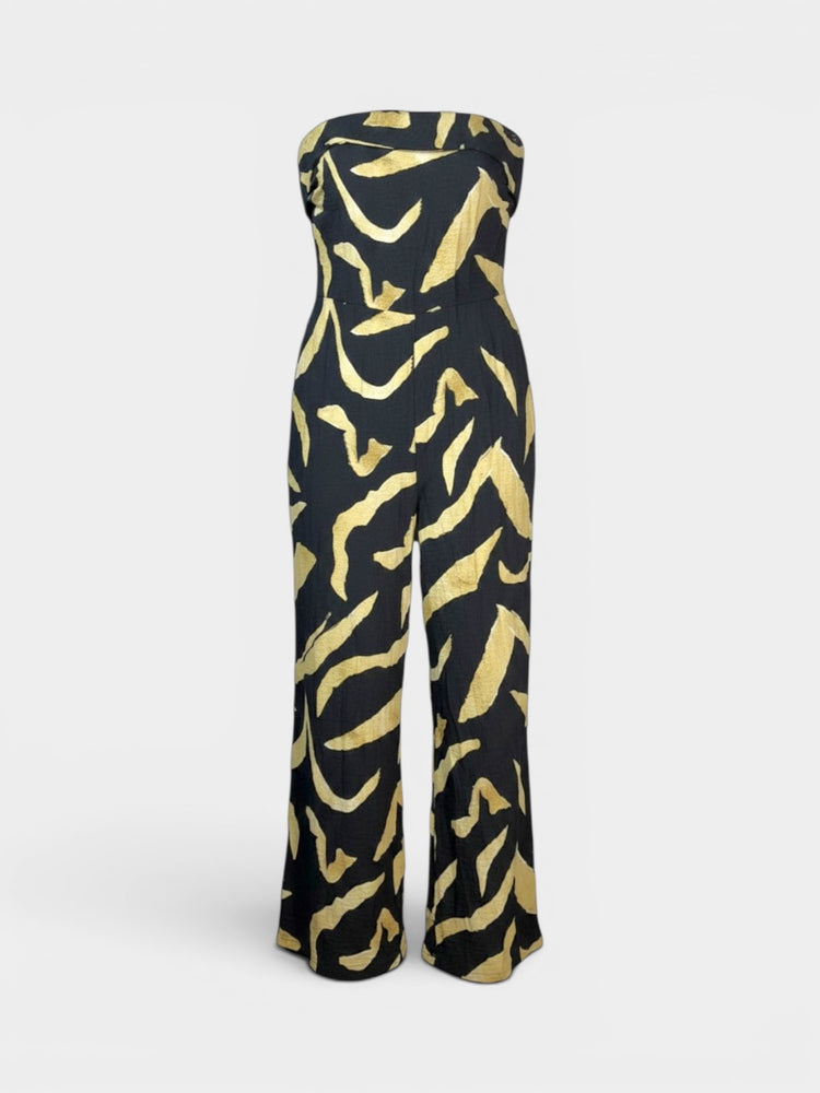 Black Abstract Print Strapless Wide-Leg Jumpsuit