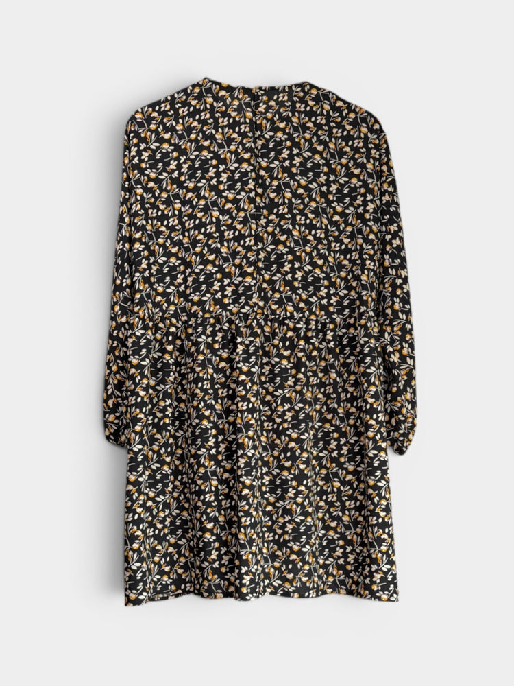 Black Floral Print Tiered Smock Mini Dress