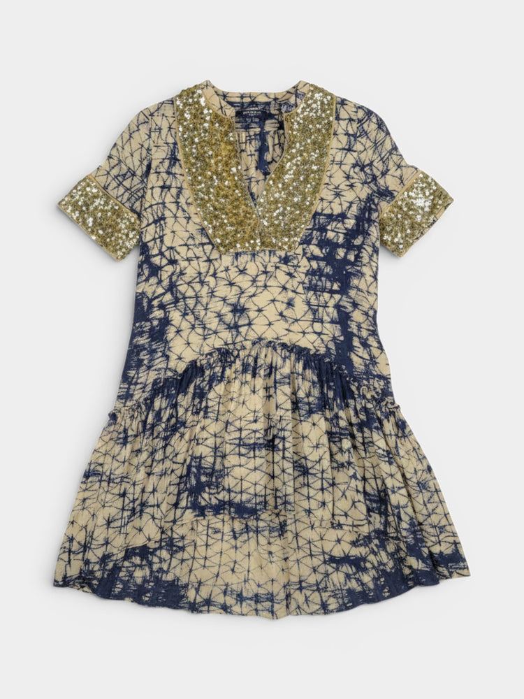 Navy Cream Silk Midi Dress