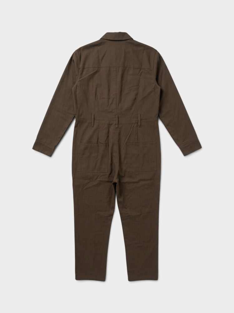 Brown Utility Jumpsuit Long Sleeve Button Front
