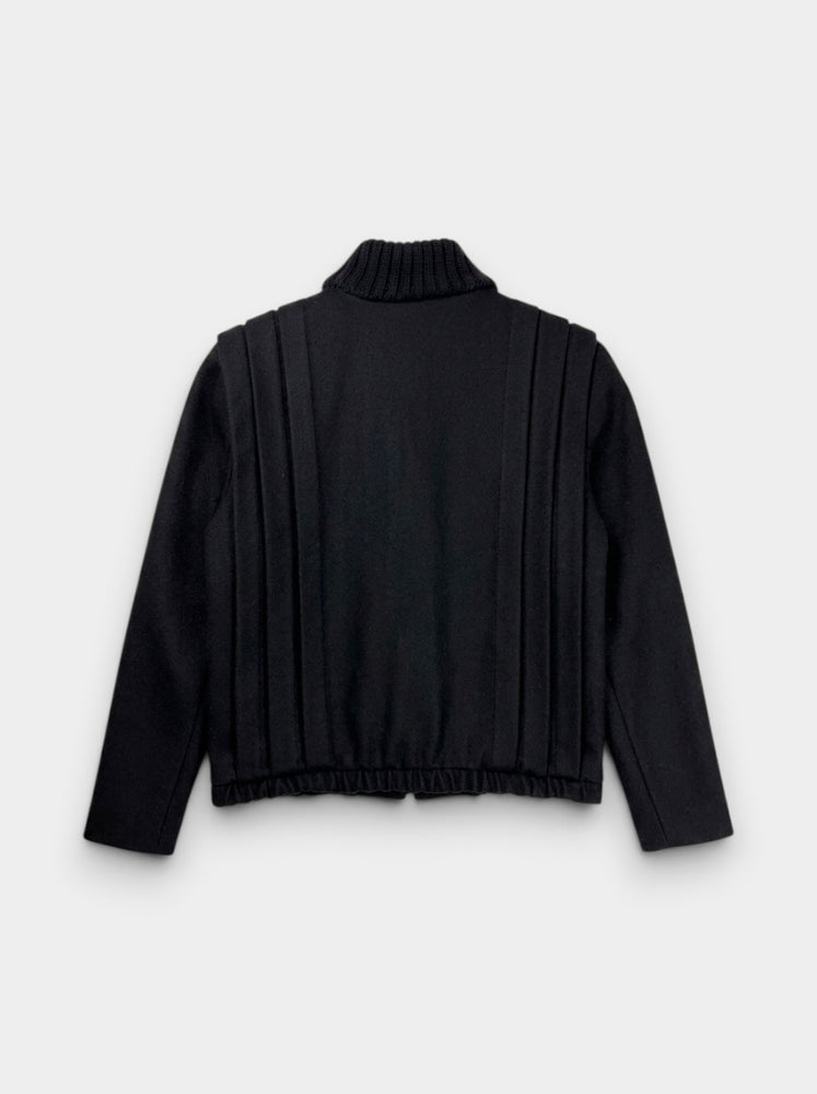 Black Wool Blend Cropped Jacket with Knit Collar
