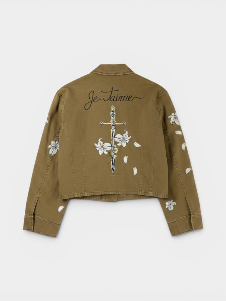 Olive Embroidered Floral Cropped Jacket