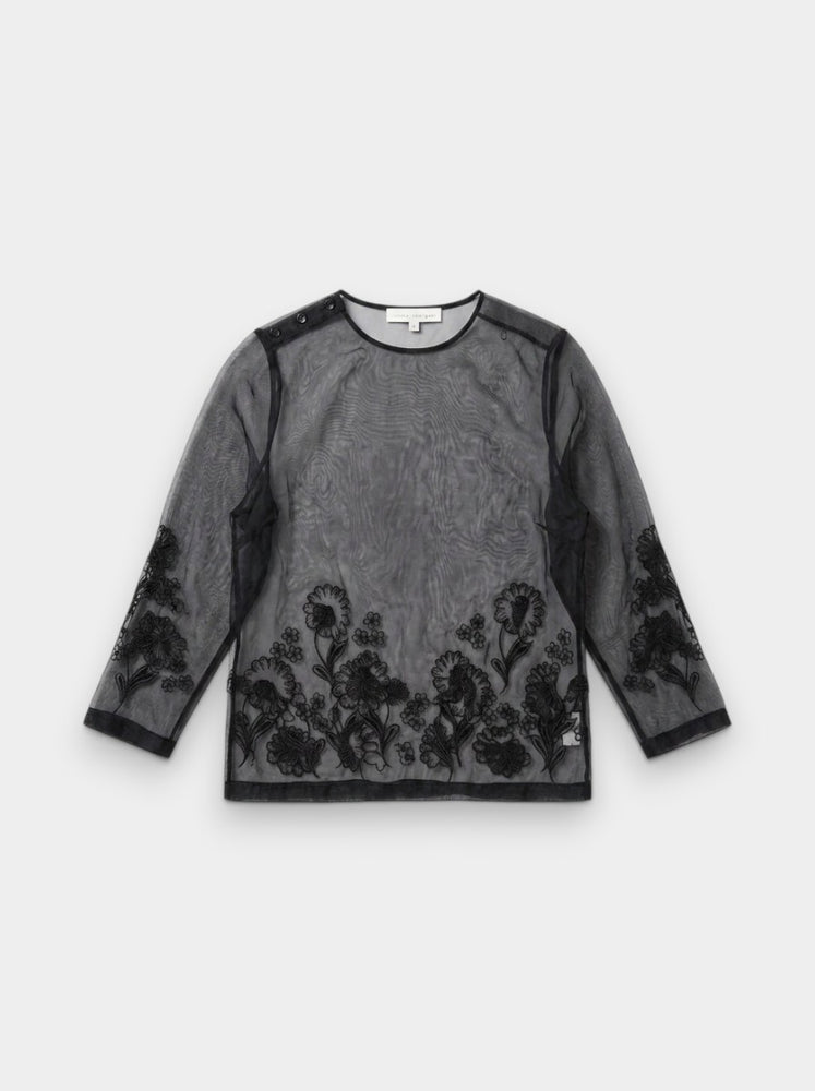 Black Sheer Mesh Floral Embroidered Long-Sleeve Top