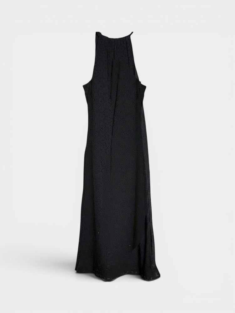 Black Lace Halter Maxi Dress with Tie Neckline