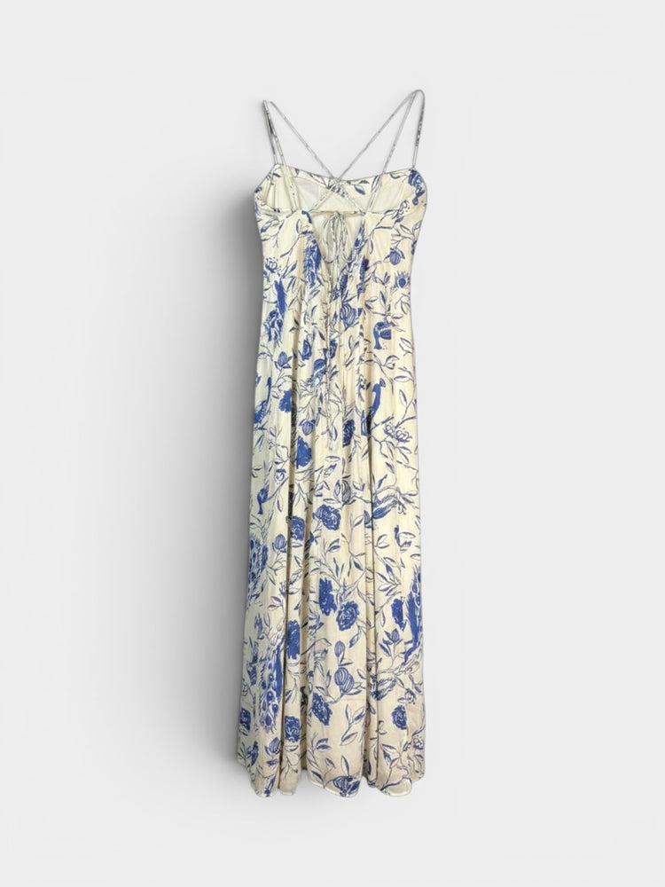 Ivory Blue Floral Toile Dress with Cross Back Straps