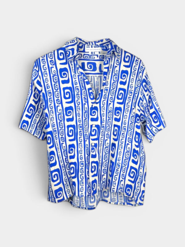 Blue Geometric Print Linen Camp Shirt