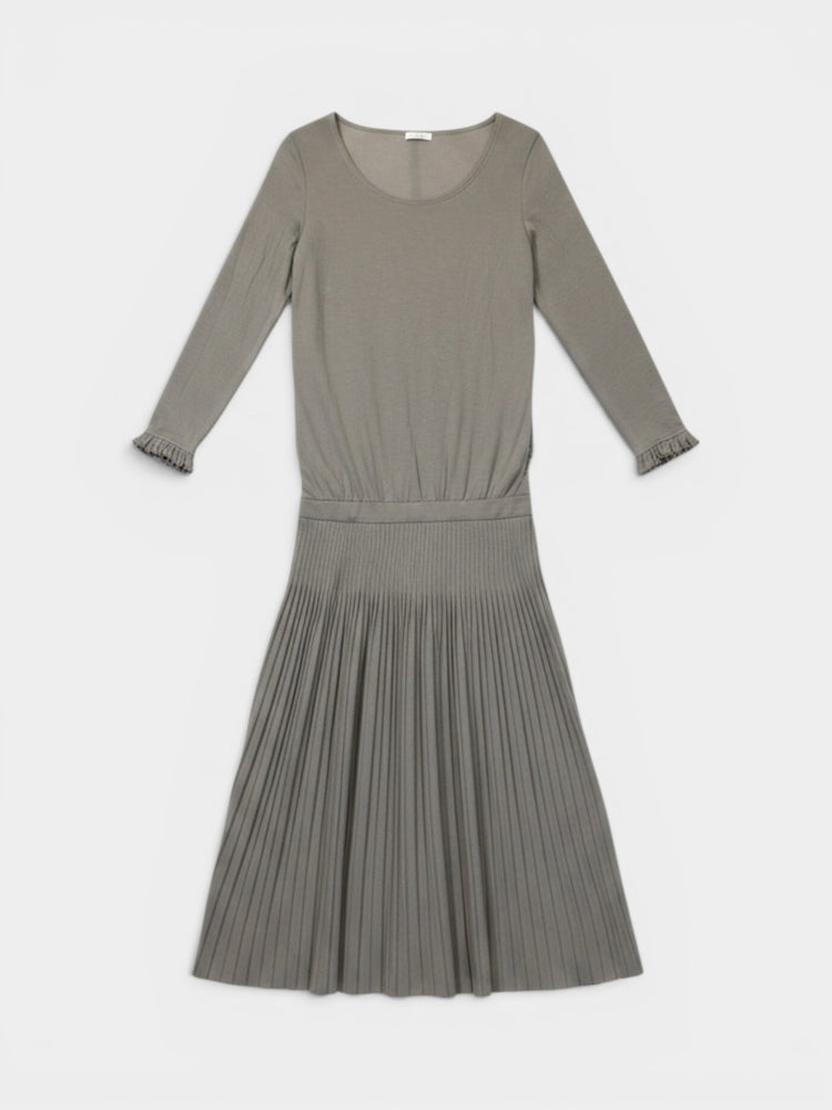 Taupe Long-Sleeve Pleated Maxi Dress