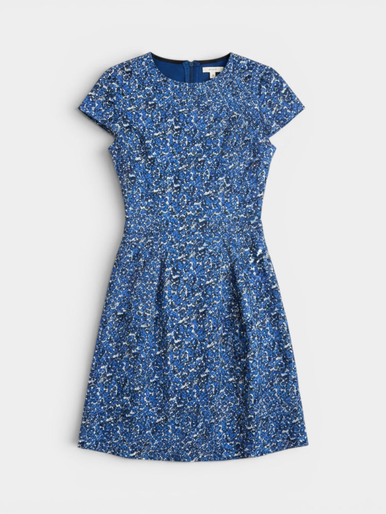 Blue Floral Print Cap Sleeve A-Line Dress