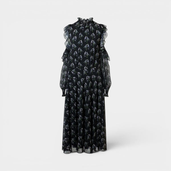Black Bird Print Chiffon Cold-Shoulder Maxi Dress