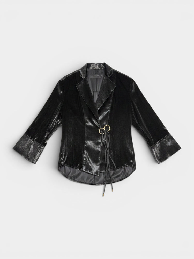 Black Iridescent Velvet Blazer Jacket with O-Ring Hardware