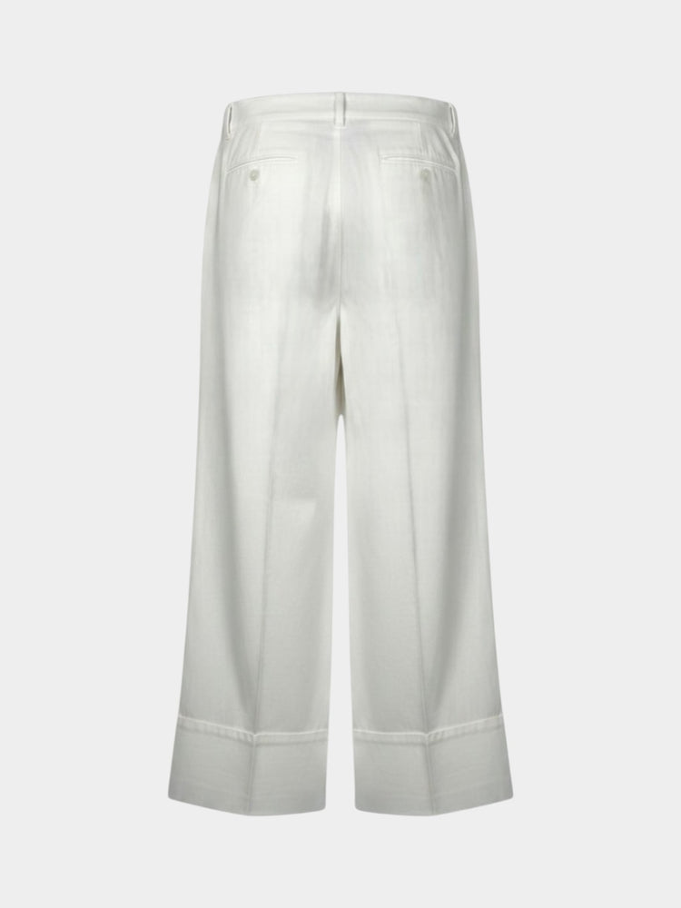 Ivory Linen Wide-Leg Pleated Trousers
