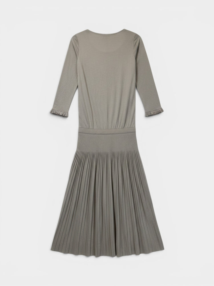 Taupe Long-Sleeve Pleated Maxi Dress