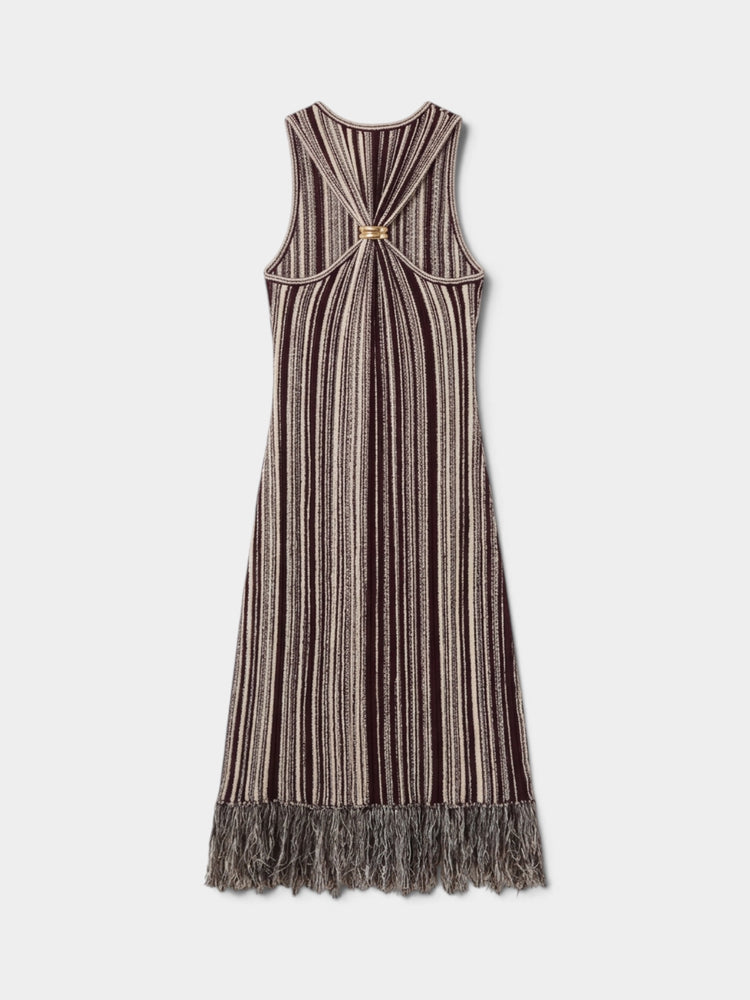 Burgundy Striped Fringe-Trimmed Knit Dress