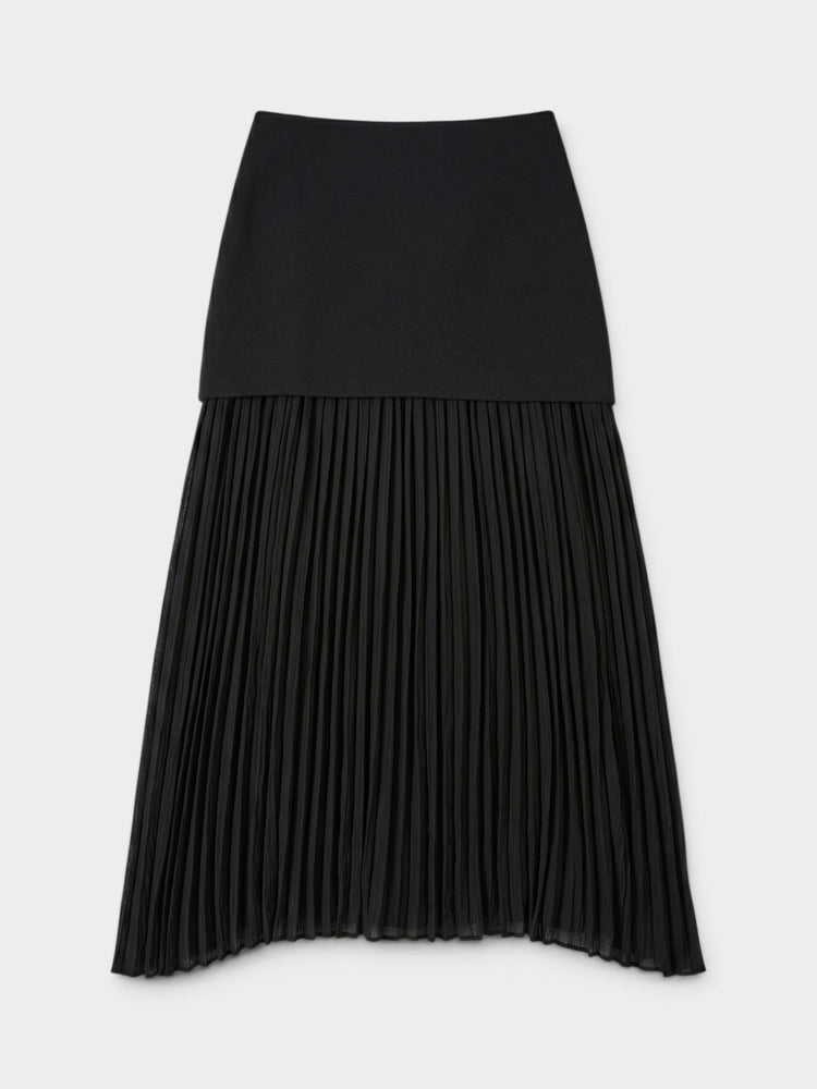 Black Layered Knit Overlay Pleated Maxi Skirt