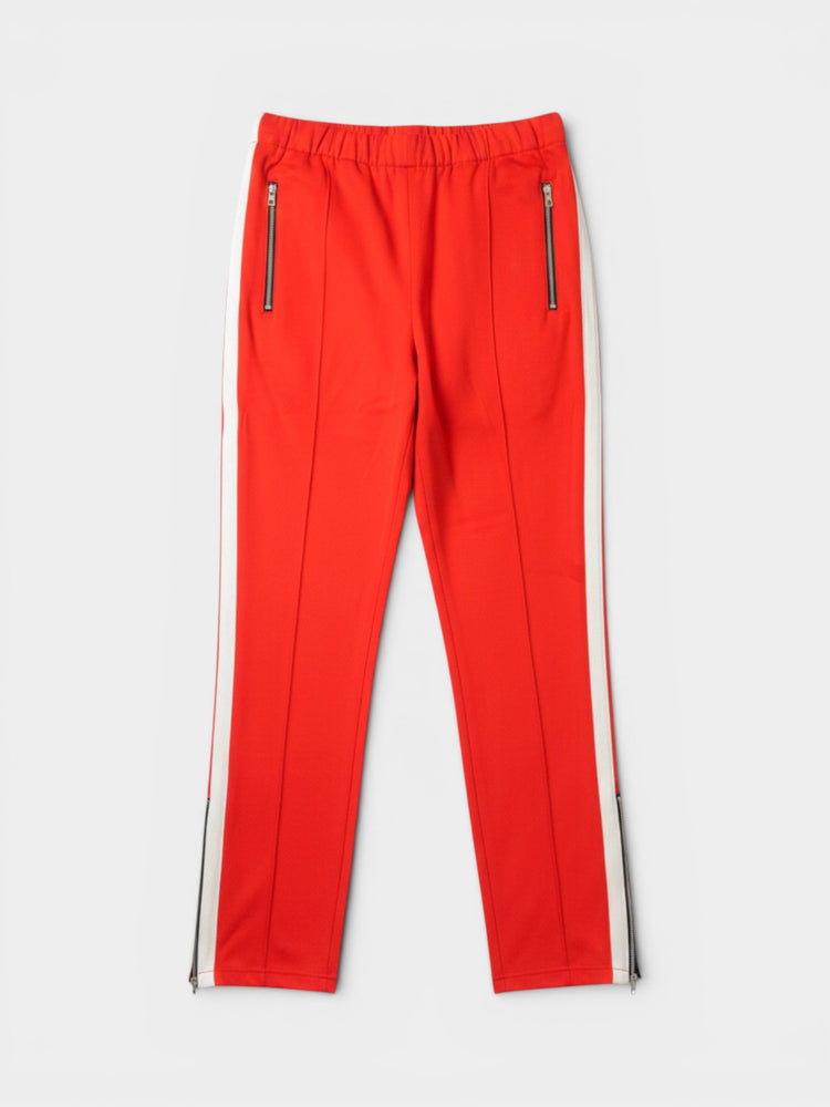 🧺 Red Track Pants with Cream Side Stripe and Zip Details