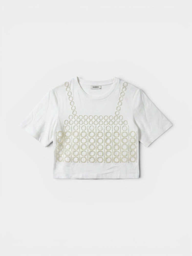 White Cropped T-Shirt with Peal Embroidery Detail