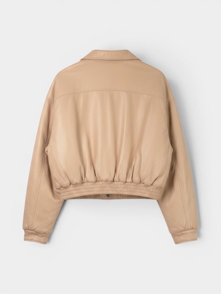 Light Pink Faux Leather Cropped Bomber Jacket