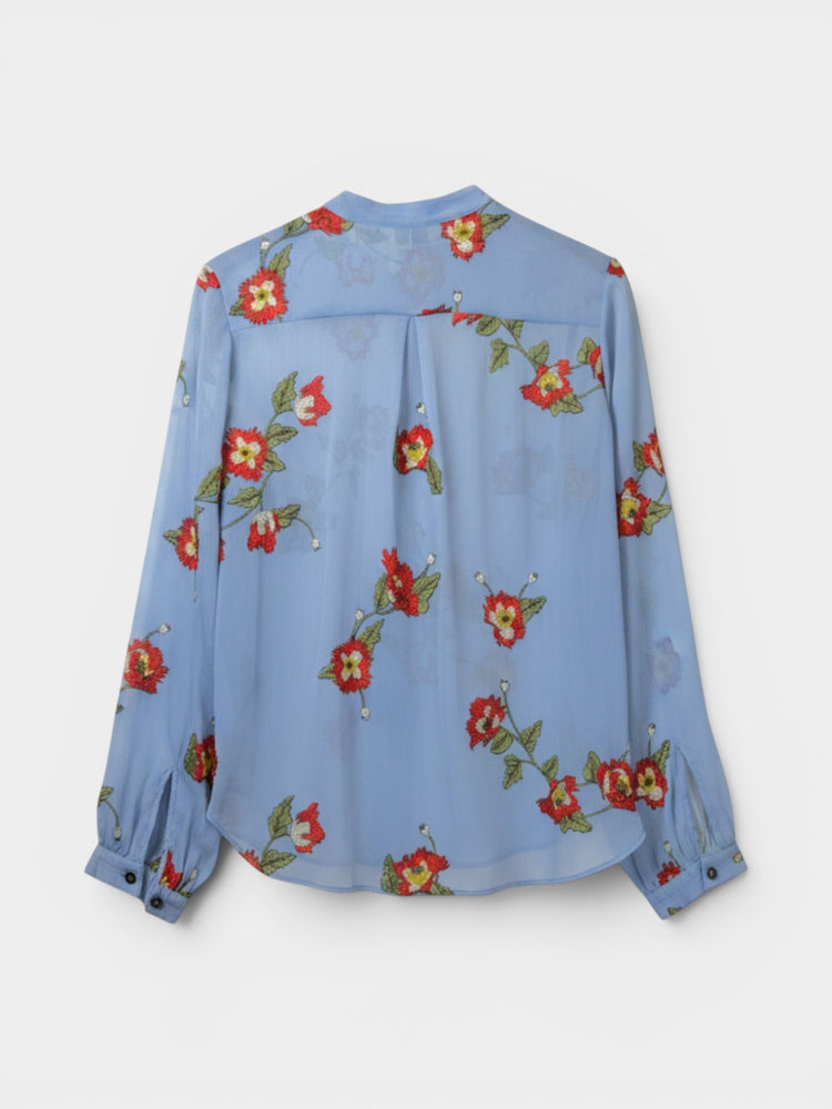 Blue Floral Embroidered Semi-Sheer Long Sleeve Blouse