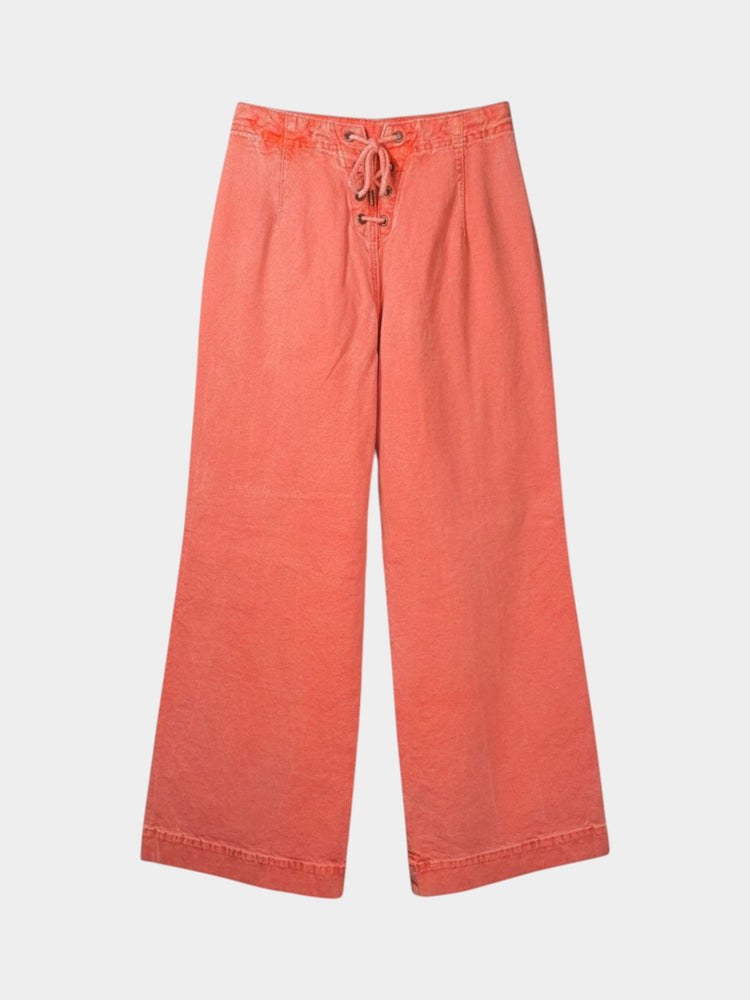 Coral Wide-Leg Denim Pants with Button Fly