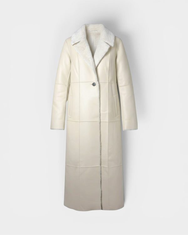 Ivory Leather Maxi Shearling Lined Long Coat