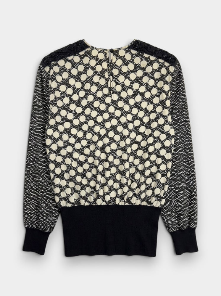 Black Ivory Silk Polka Dot Beaded Shoulder Blouse