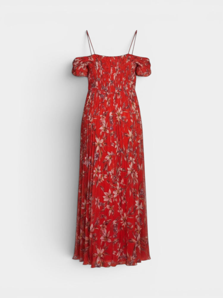 Red Floral Cold-Shoulder Maxi Dress