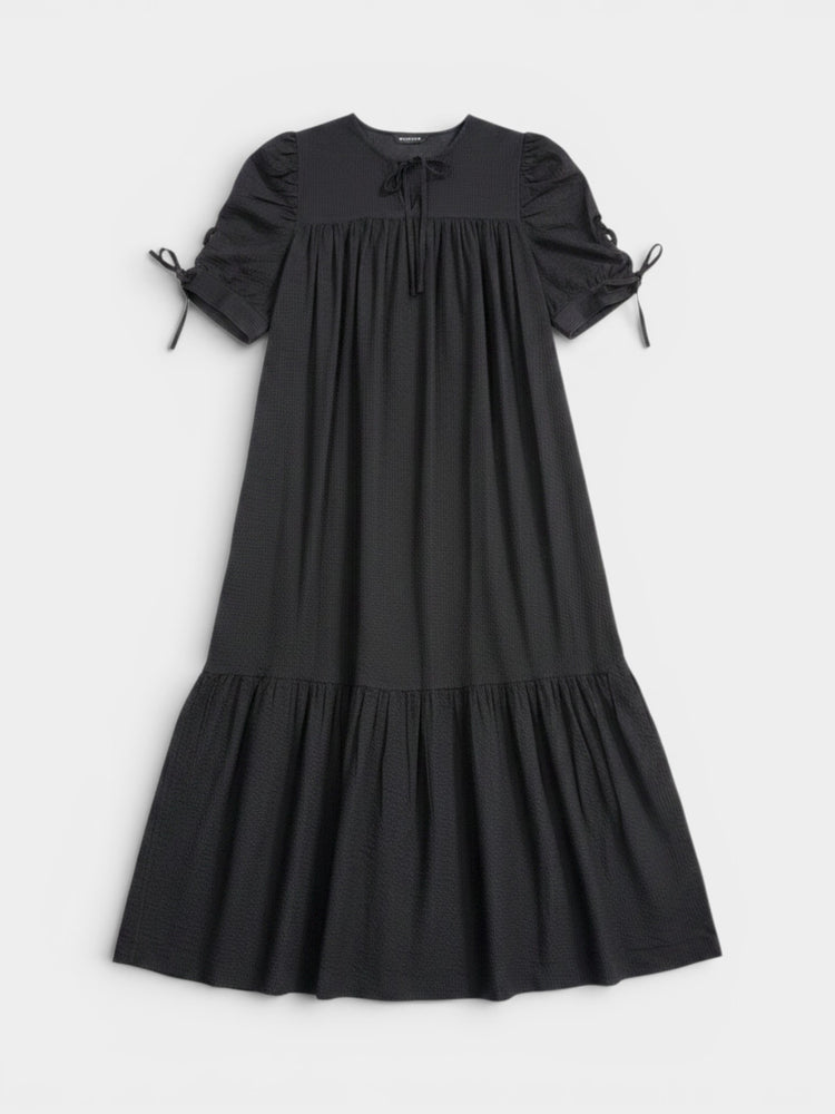 Black Cotton Tiered Maxi Dress with Puff Sleeves