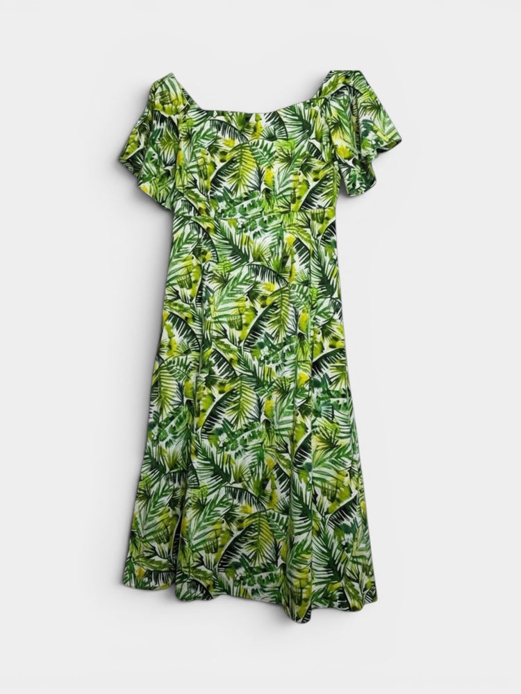 Green Tropical Palm Leaf Print Flutter Sleeve Midi Dress