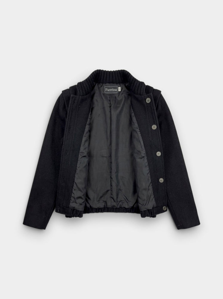 Black Wool Blend Cropped Jacket with Knit Collar
