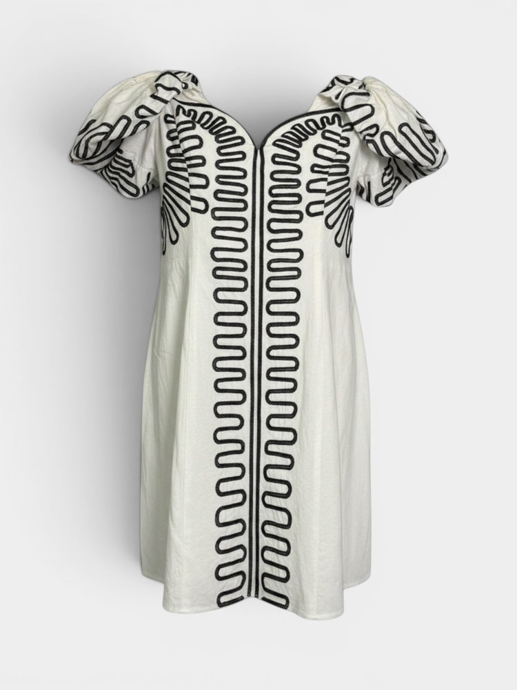 Ivory White Mini Dress with Embroidery and Puff Sleeves