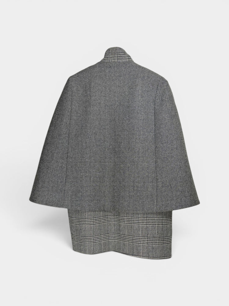 Gray Wool Blend Mixed Plaid Cape Coat