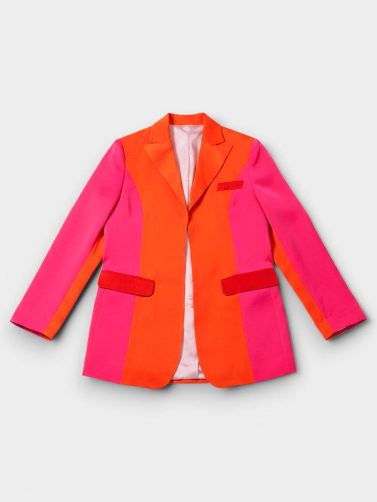 Orange Pink Color Block Belted Blazer Jacket