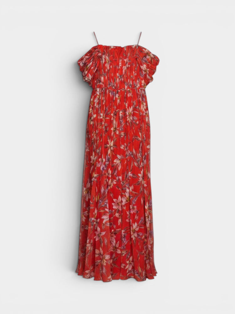 Red Floral Cold-Shoulder Maxi Dress
