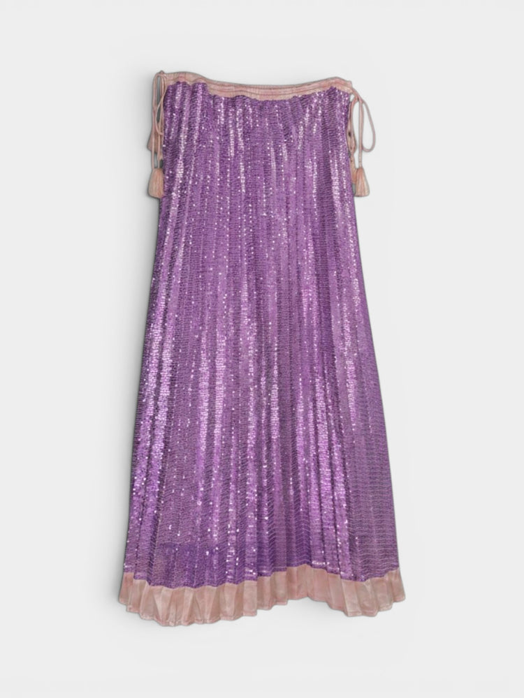 Purple Sequin Pleated Midi Skirt with Pink Trim