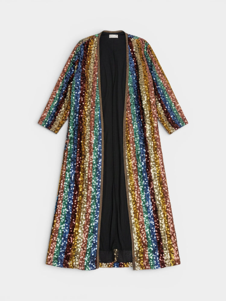 Multicolor Rainbow Sequin Striped Long-Sleeve Midi Duster