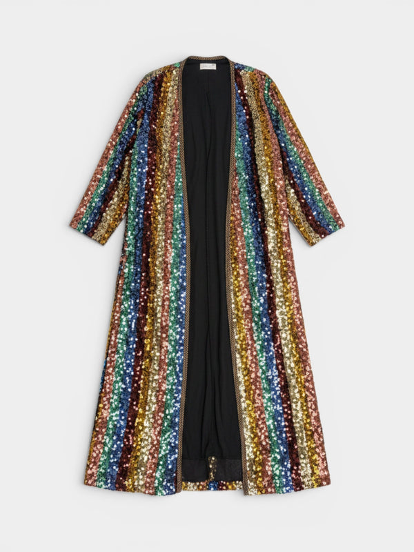 Multicolor Rainbow Sequin Striped Long-Sleeve Midi Duster